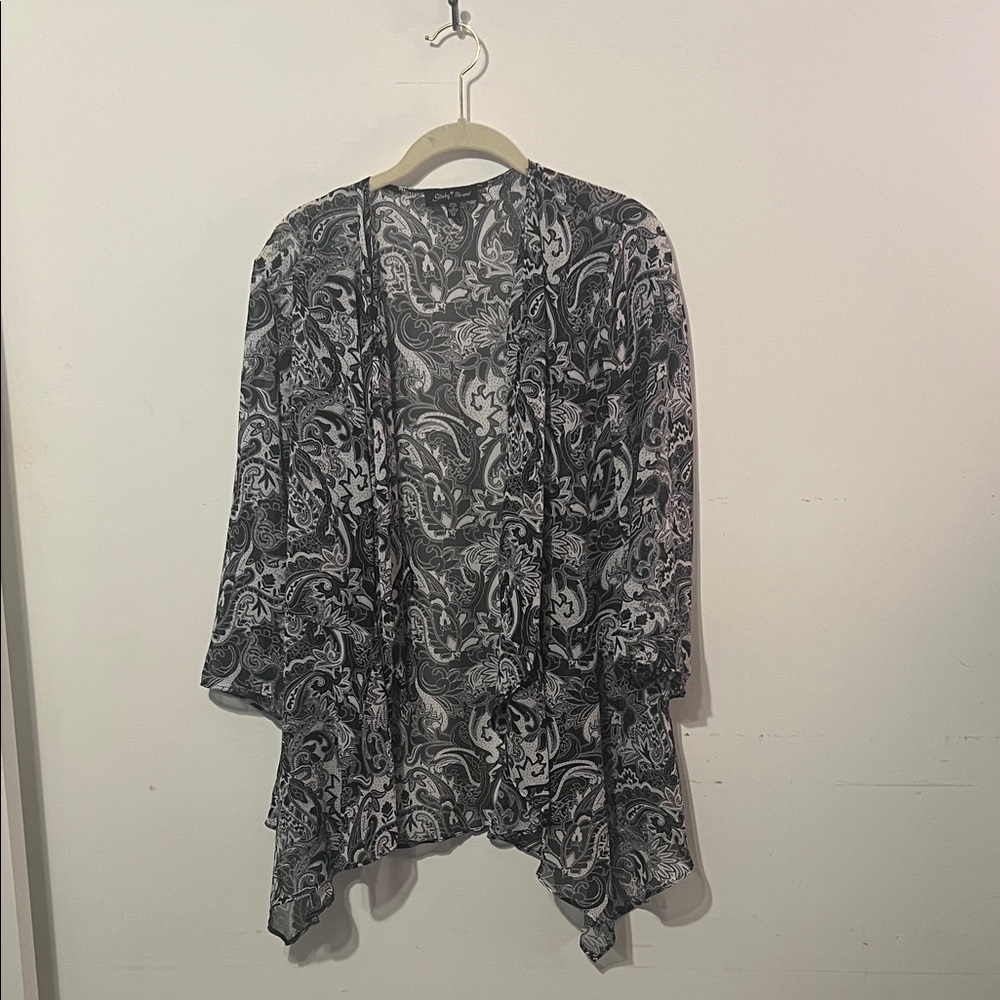 Vintage Slinky Brand Sheer Paisley Open Boho Duster Kimono Black White Y2K Med